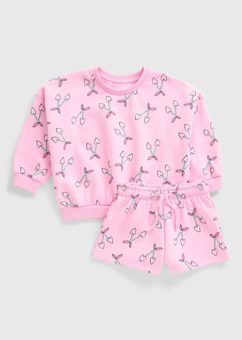 Girls Pink Cherry Print Sweatshirt & Shorts Set (1-7yrs)