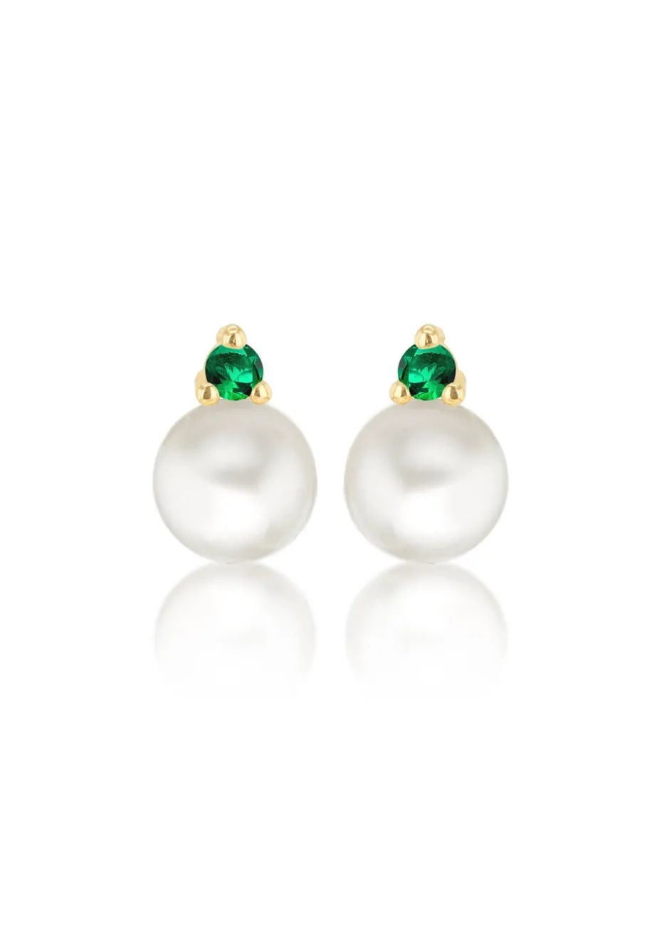 Golden Moments 9ct Yellow Gold Fresh Water Pearls with Round Green CZ Stud Earrings