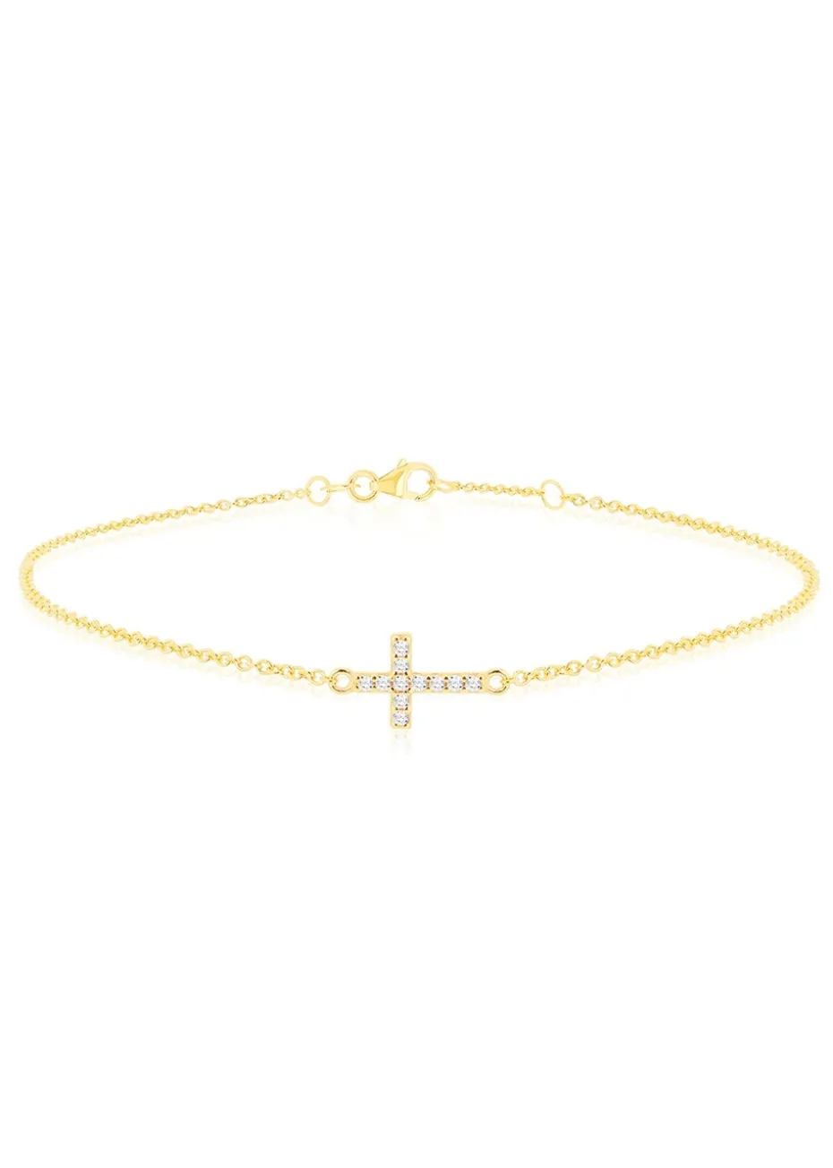 Golden Moments 9ct Yellow Gold Mini Cross Round CZ Bracelet