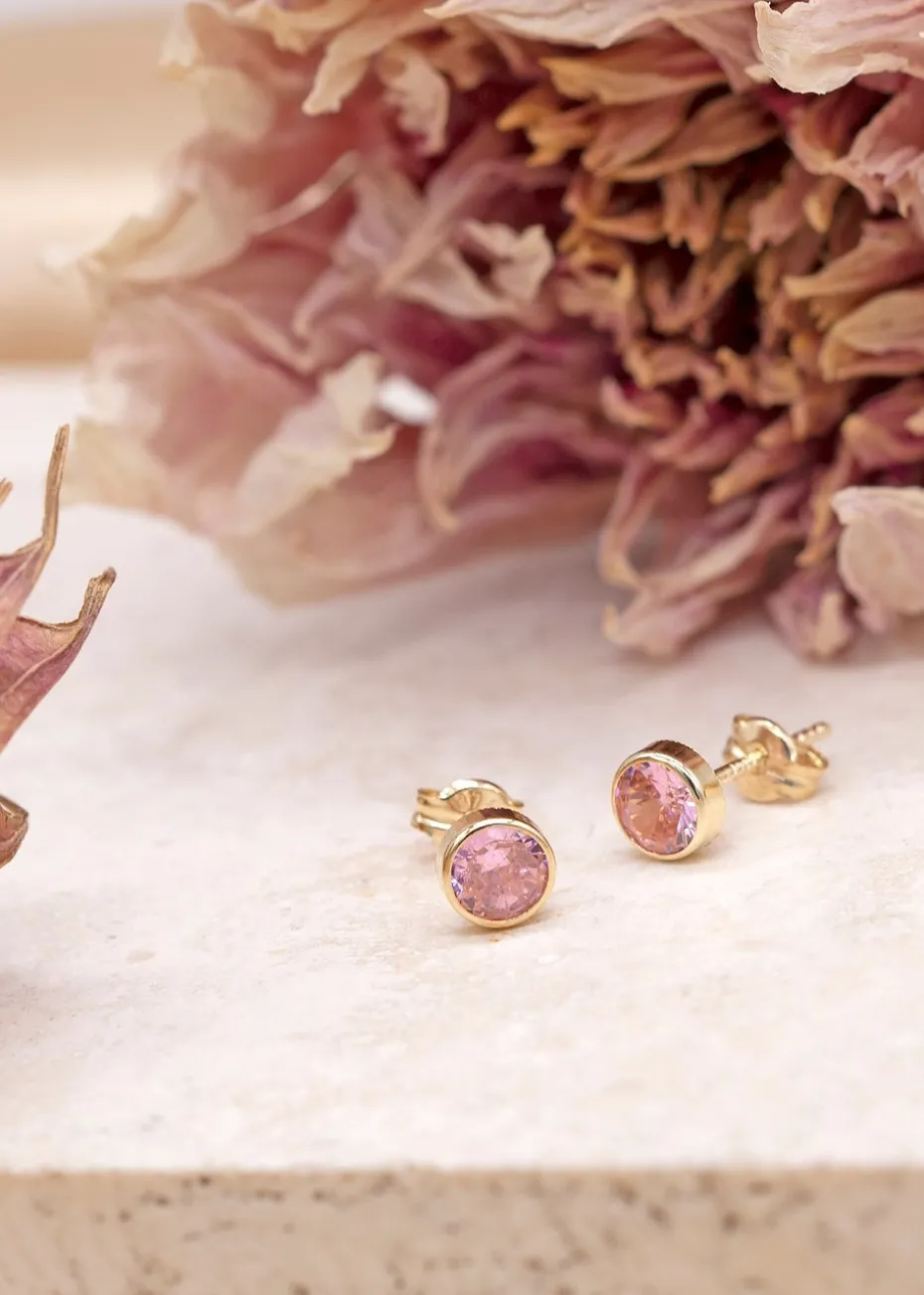 Golden Moments 9ct Yellow Gold Round Pink CZ Stud Earrings