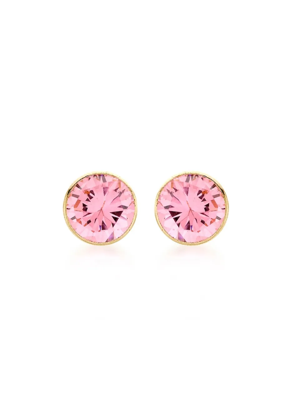 Golden Moments 9ct Yellow Gold Round Pink CZ Stud Earrings