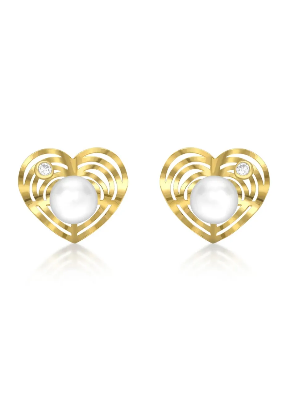 Golden Moments 9ct Yellow Gold Freshwater Pearl and CZ Heart Stud Earrings