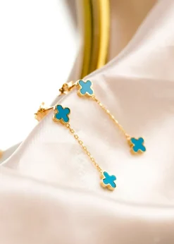 Golden Moments 9ct Yellow Gold  Turquoise Clover Petals Drop Stud Earrings
