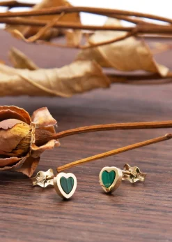 Golden Moments 9ct Yellow Gold Green Heart Stud Earring