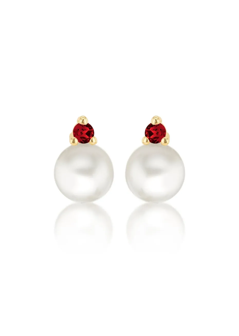 Golden Moments 9ct Yellow Gold Fresh Water Pearls with Round Red CZ Stud Earrings