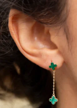 Golden Moments 9ct Yellow Gold  Green Clover Petals Drop Stud Earrings