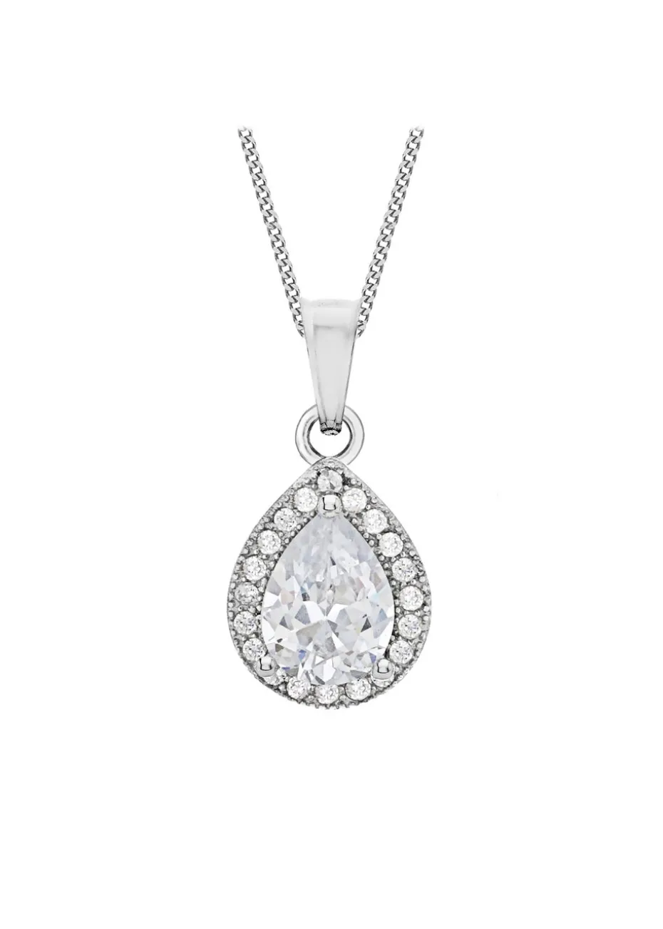 Golden Moments Sterling Silver CZ Halo Teardrop Necklace
