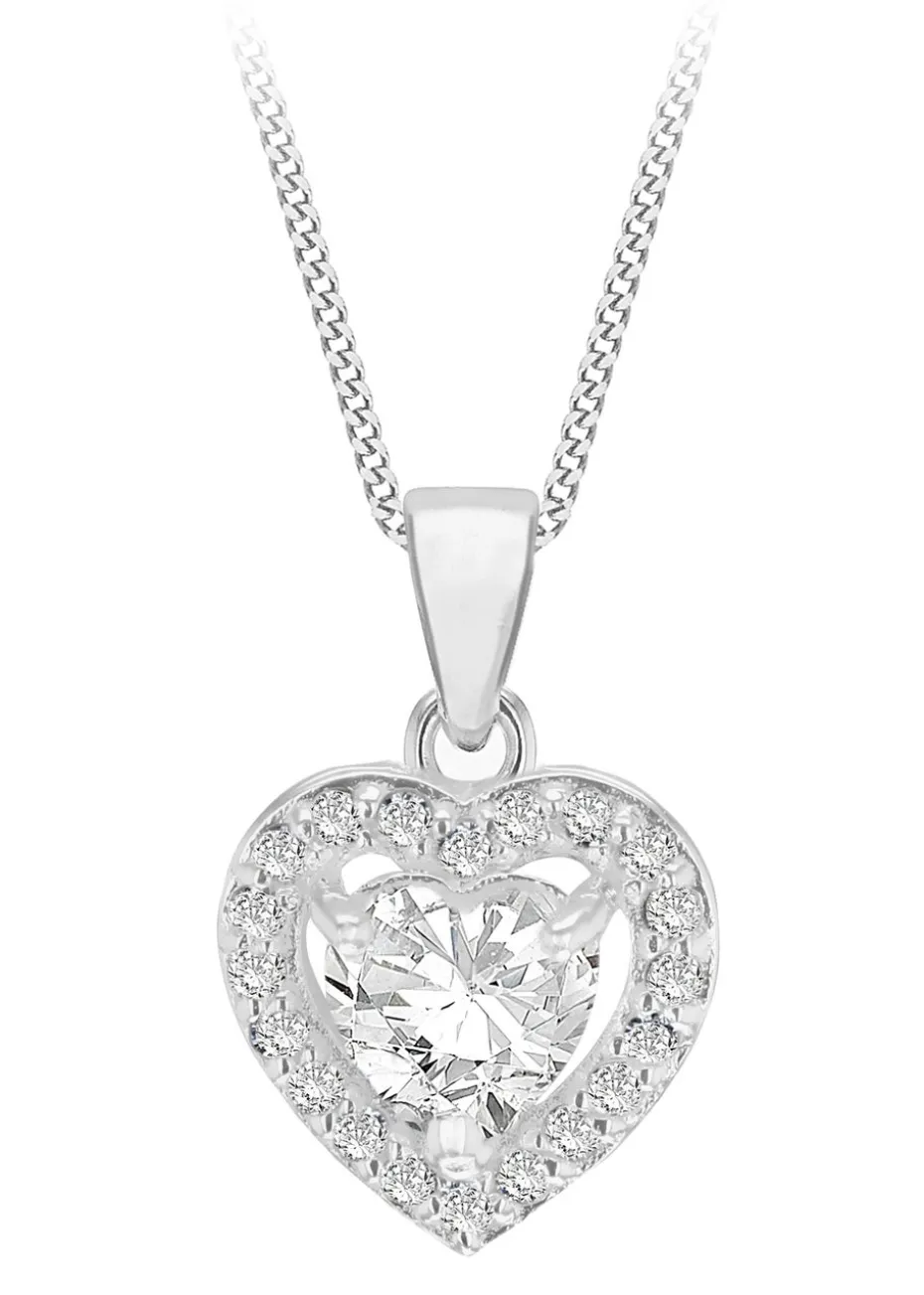 Golden Moments Sterling Silver White CZ Halo Heart Necklace