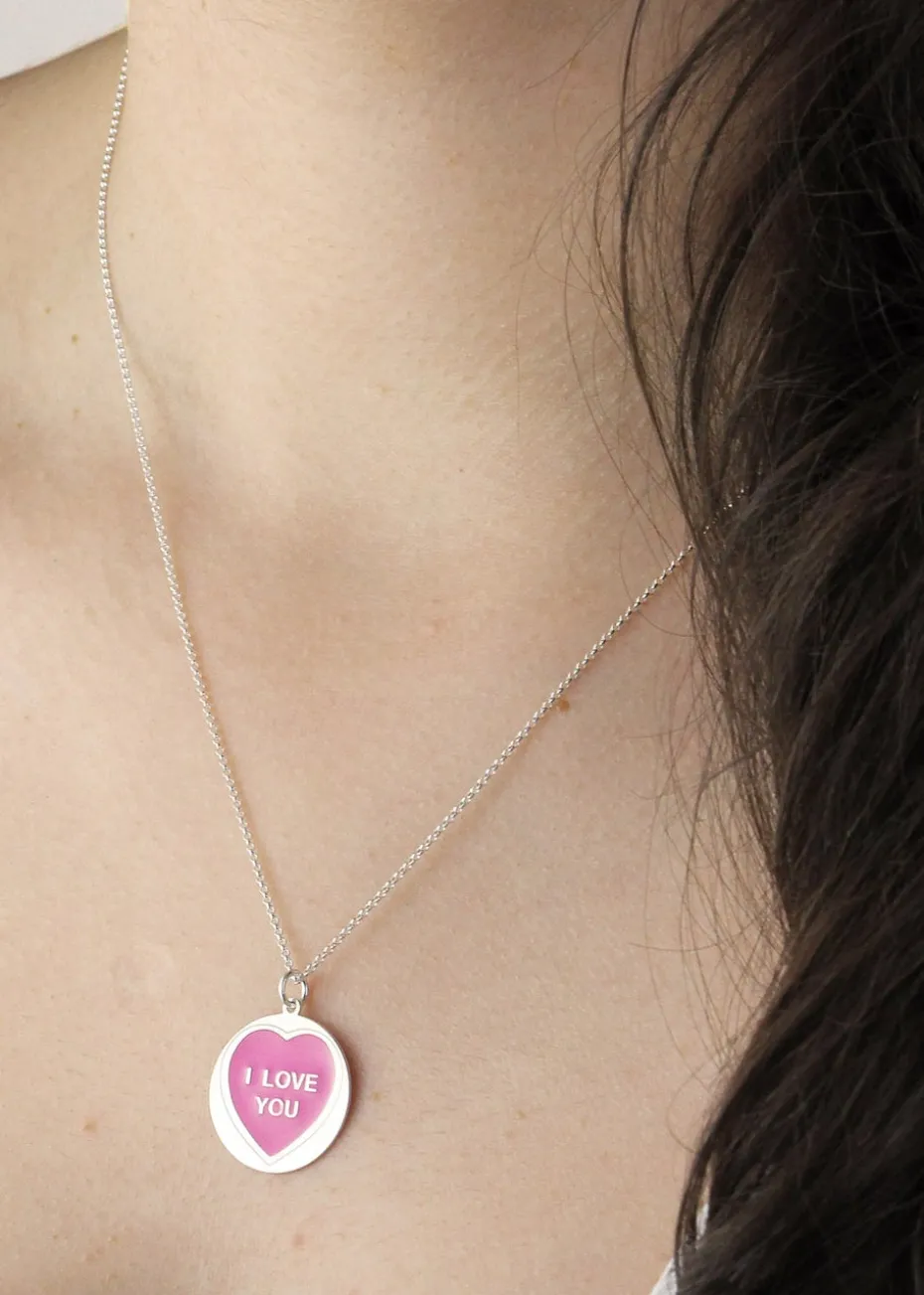 Golden Moments Sterling Silver 18mm 'I Love You' Pink Heart Disc Necklace