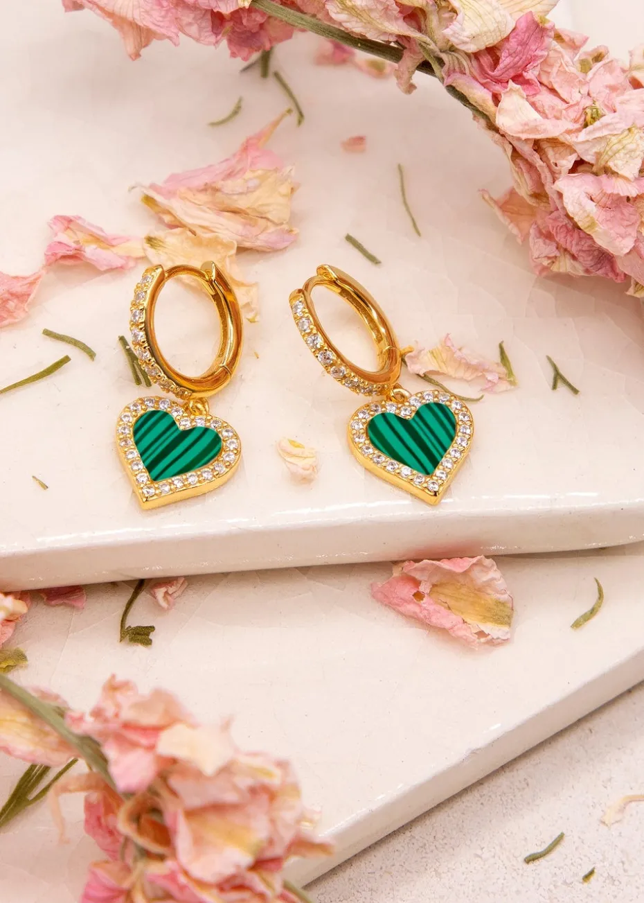 Golden Moments Sterling Silver Yellow Gold Plated Malachite and CZ Heart Drop Earring