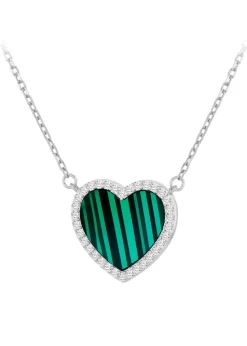 Golden Moments Sterling Silver Heart Malachite and CZ Necklace