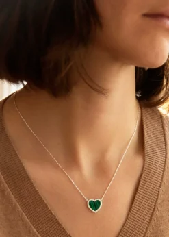 Golden Moments Sterling Silver Heart Malachite and CZ Necklace
