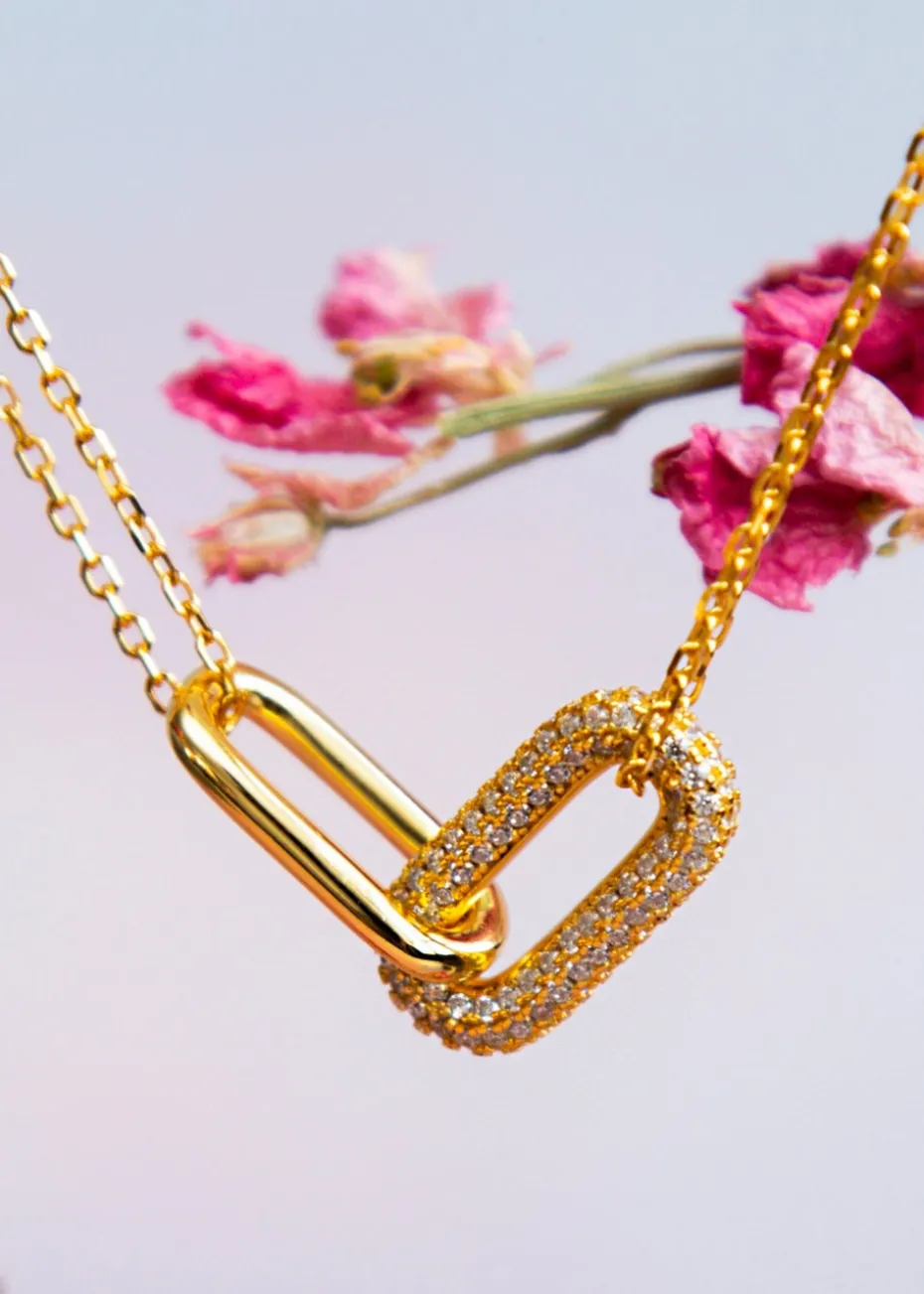 Golden Moments Yellow Gold Plated Paper Link with CZ Necklace