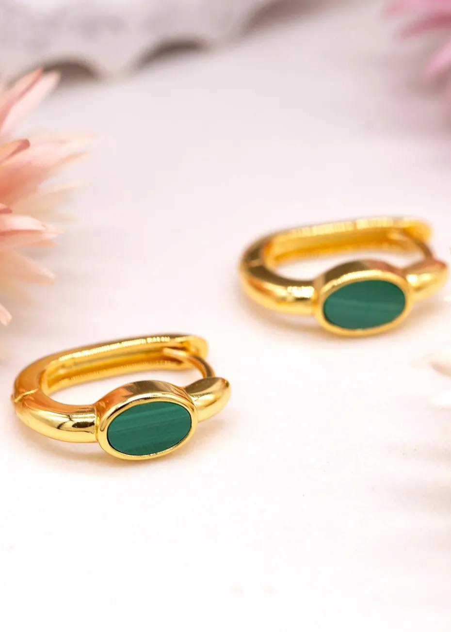 Golden Moments Yellow Gold Plated Oval Malachite Huggy Earrings