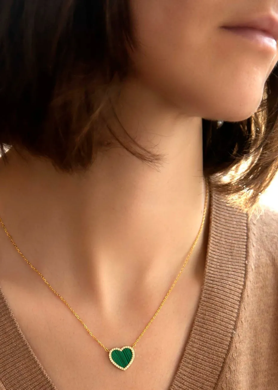 Golden Moments Yellow Gold Plated Heart Malachite and CZ Necklace