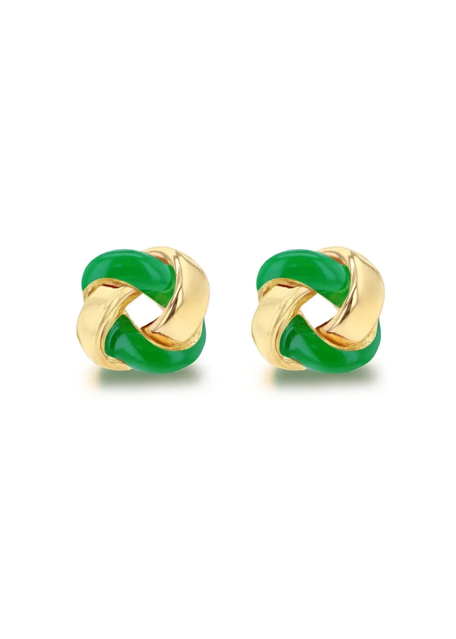 Golden Moments Yellow Gold Plated Green Enamel Small Knot Studs