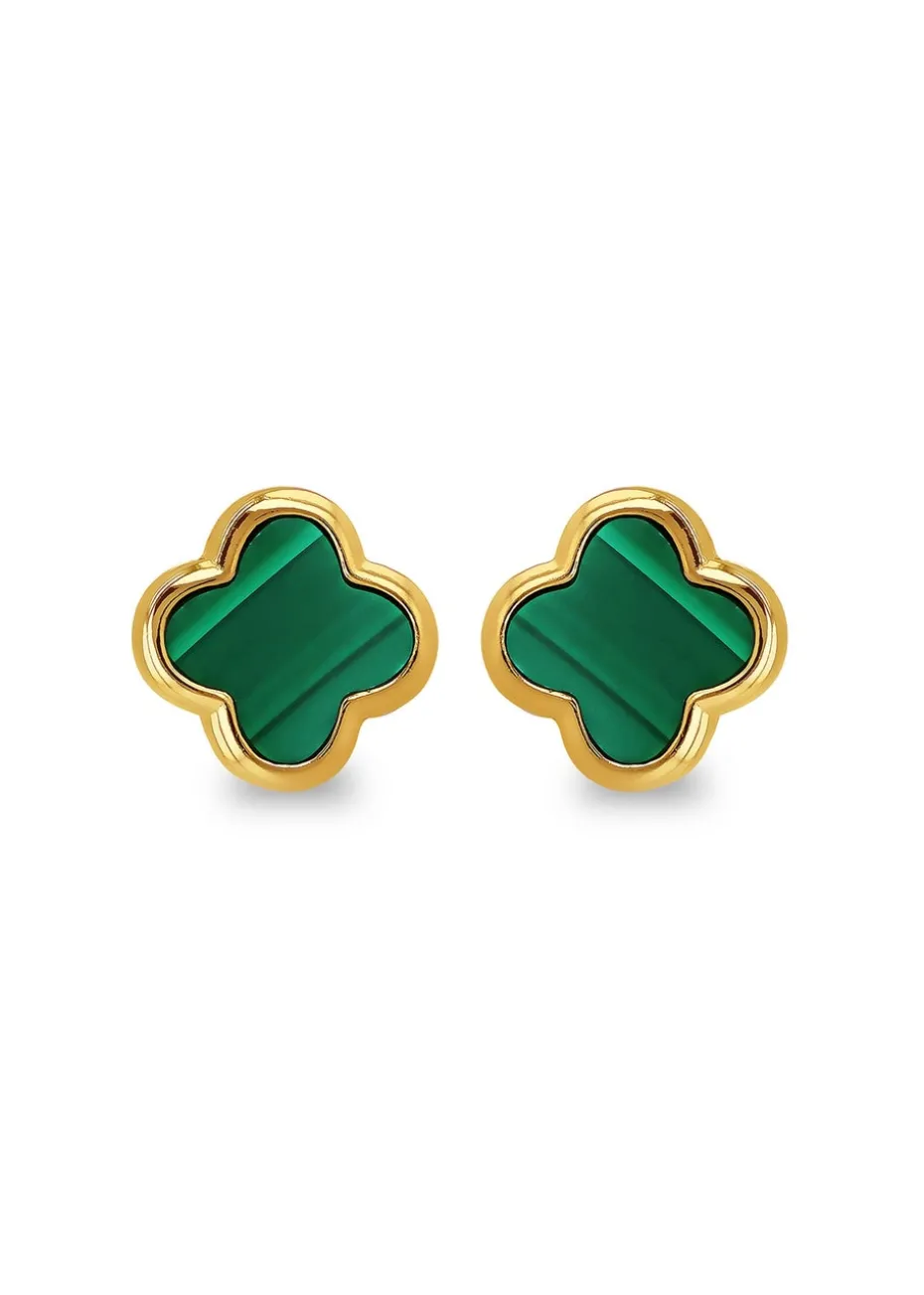 Golden Moments Yellow Gold Plated Clover Malachite Stud Earrings