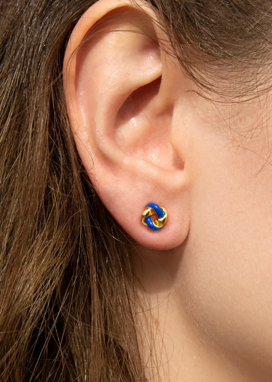 Golden Moments Yellow Gold Plated Blue Enamel Small Knot Studs