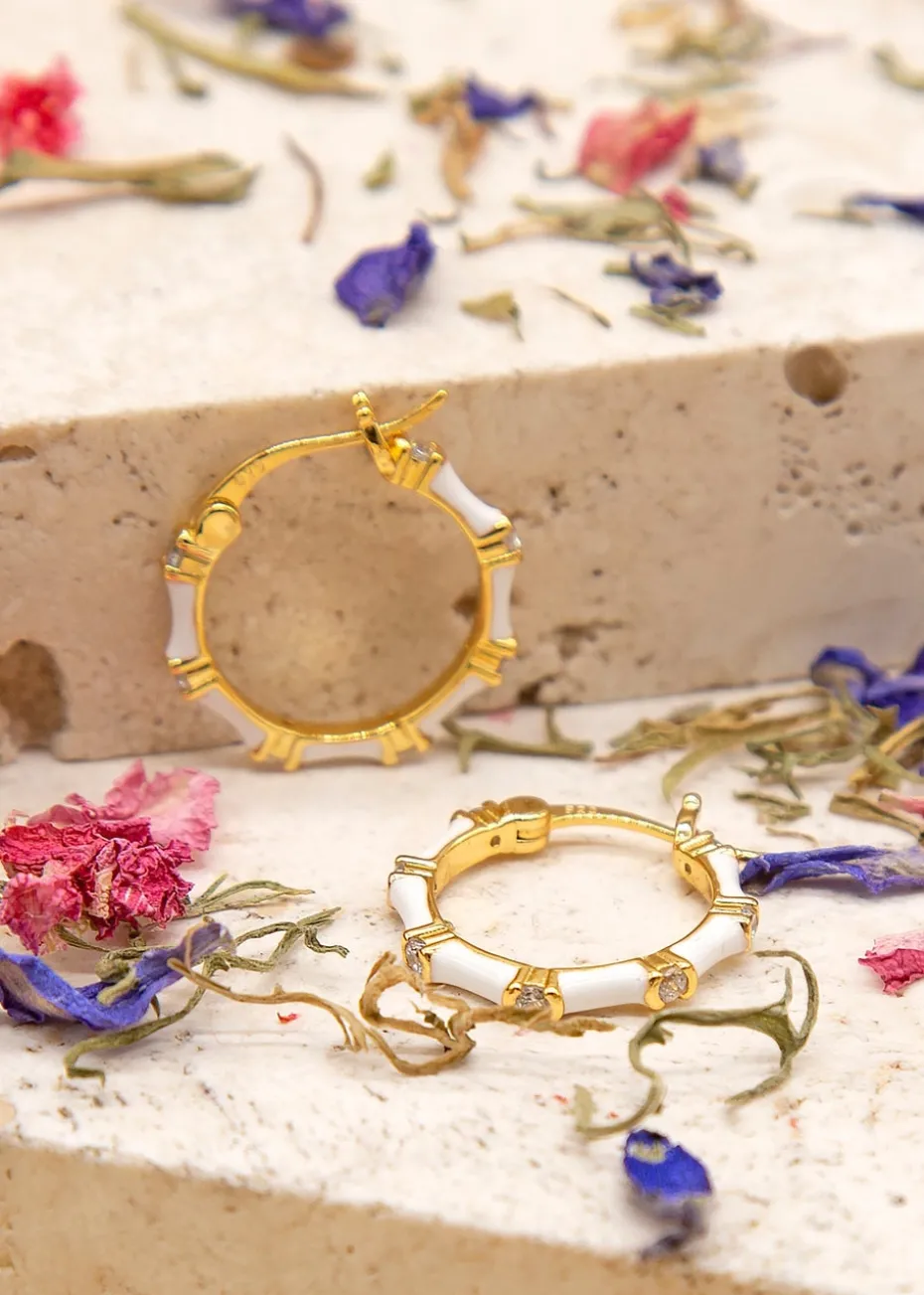 Golden Moments Yellow Gold Plated CZs White Enamel Hoop Earrings