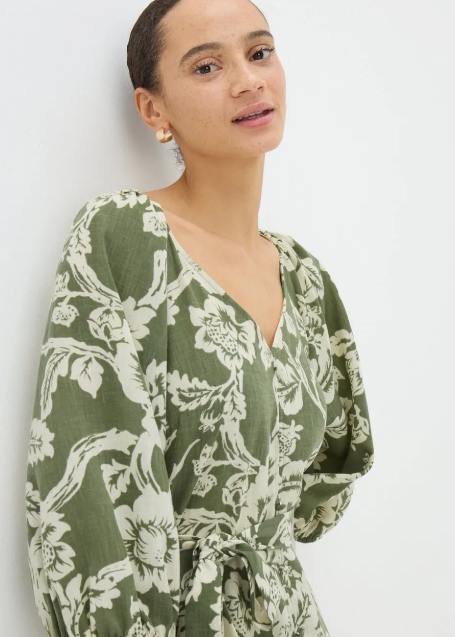 Green Floral Belted Mini Tea Dress