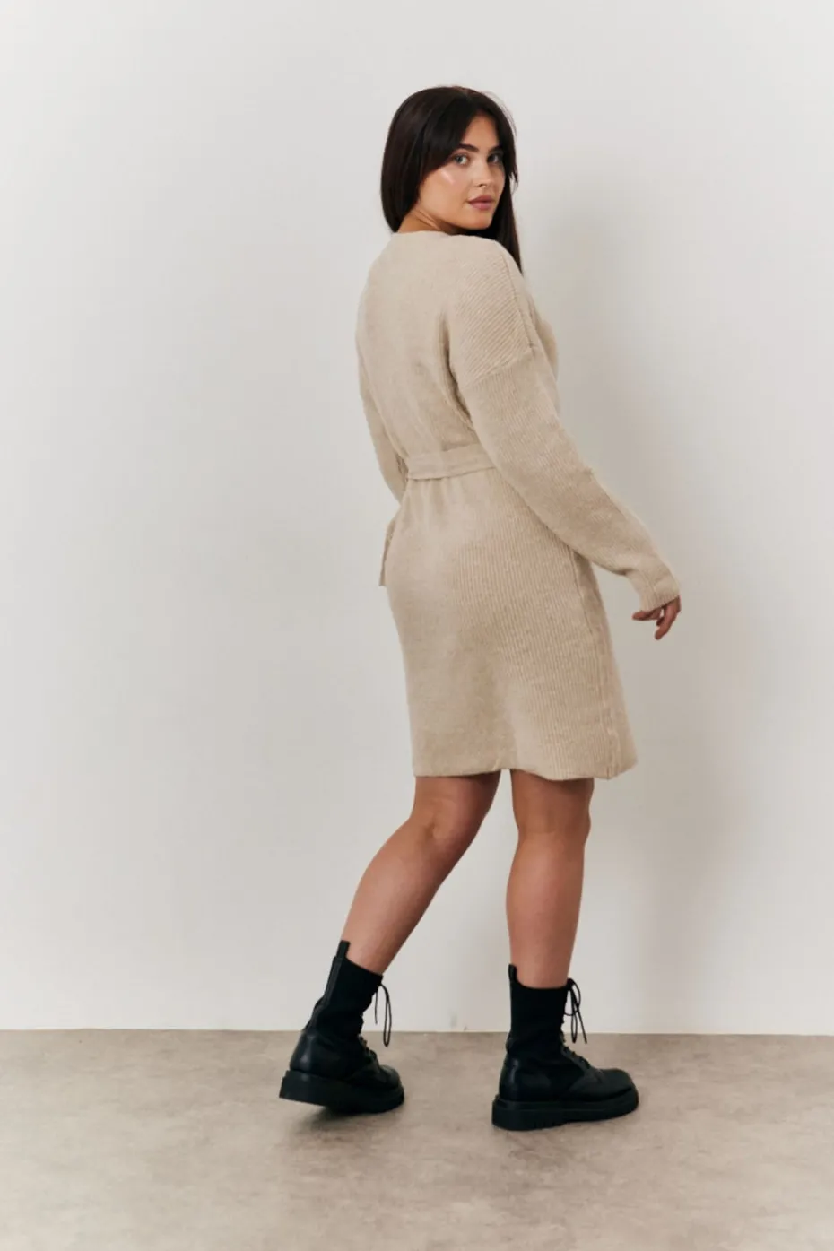 In The Style Oatmeal Knitted Wrap Dress