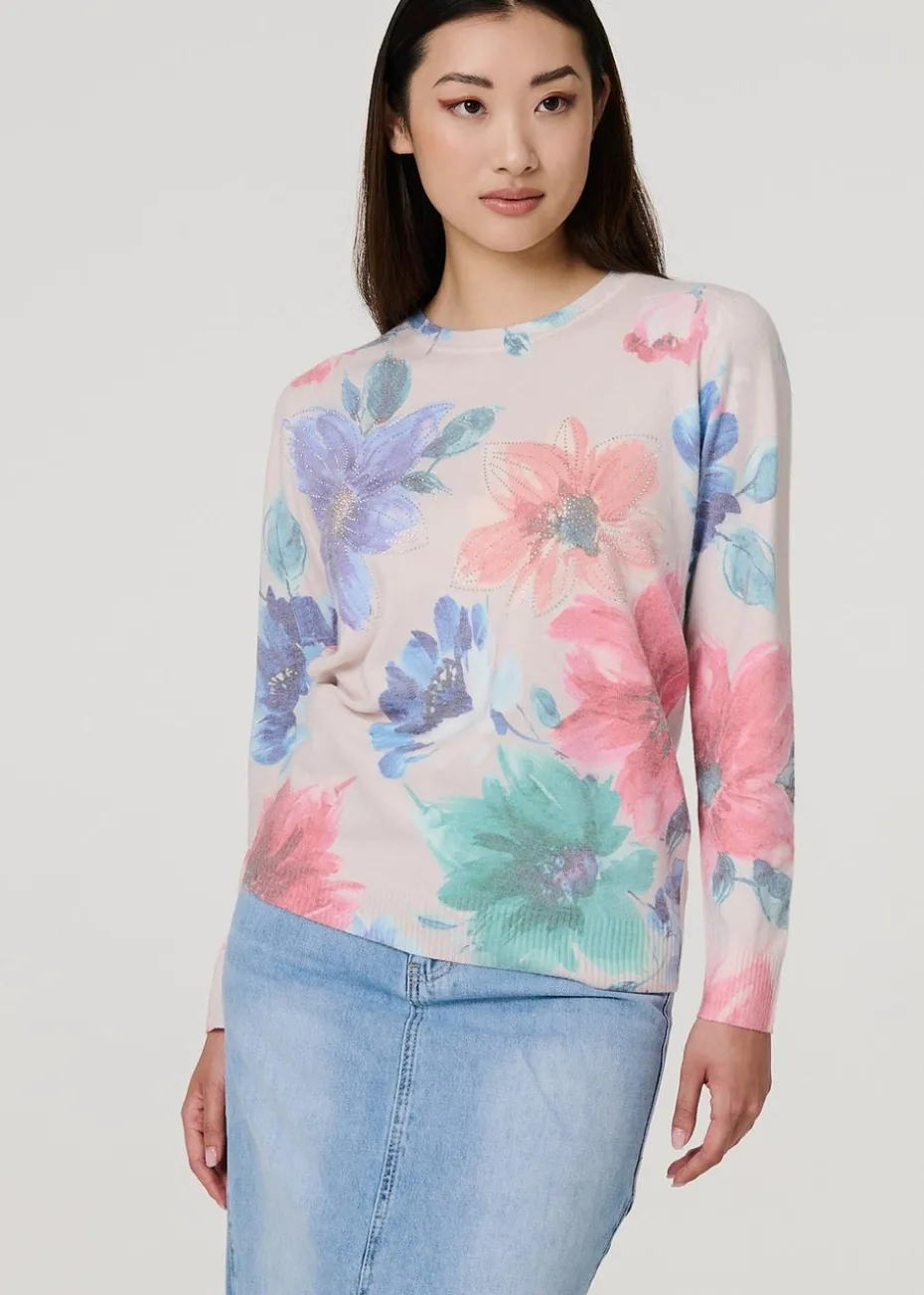 Izabel London Beige Floral Diamante Detail Long Sleeve Jumper