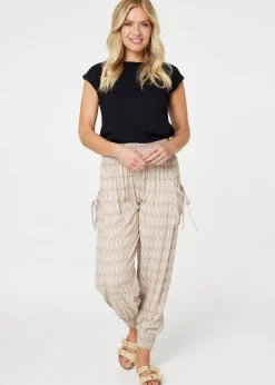 Izabel London Beige Printed Elasticated Harem Pants