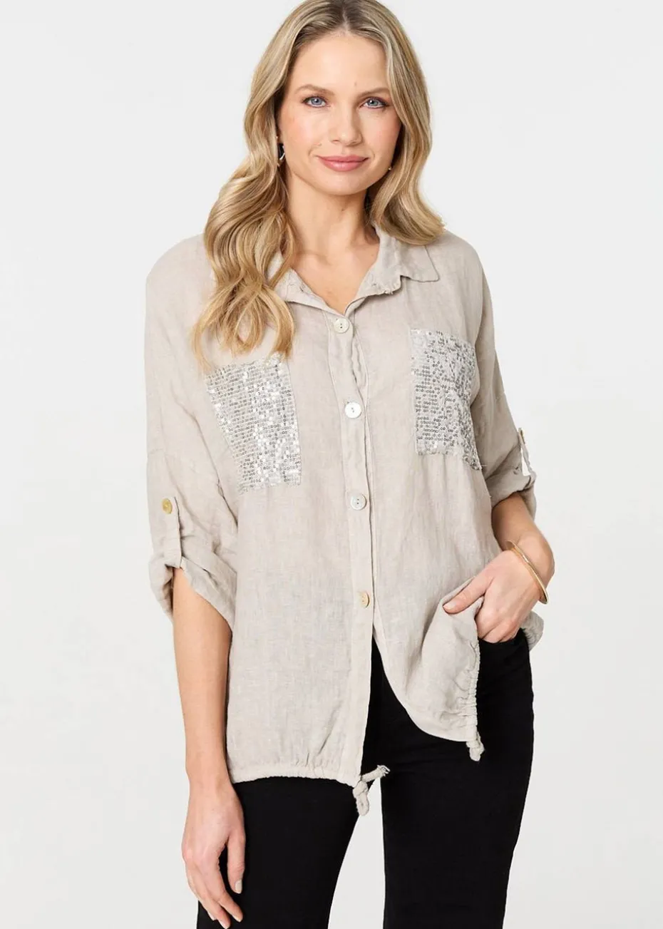Izabel London Beige Sequin Detail 3/4 Turn-Up Sleeve Shirt