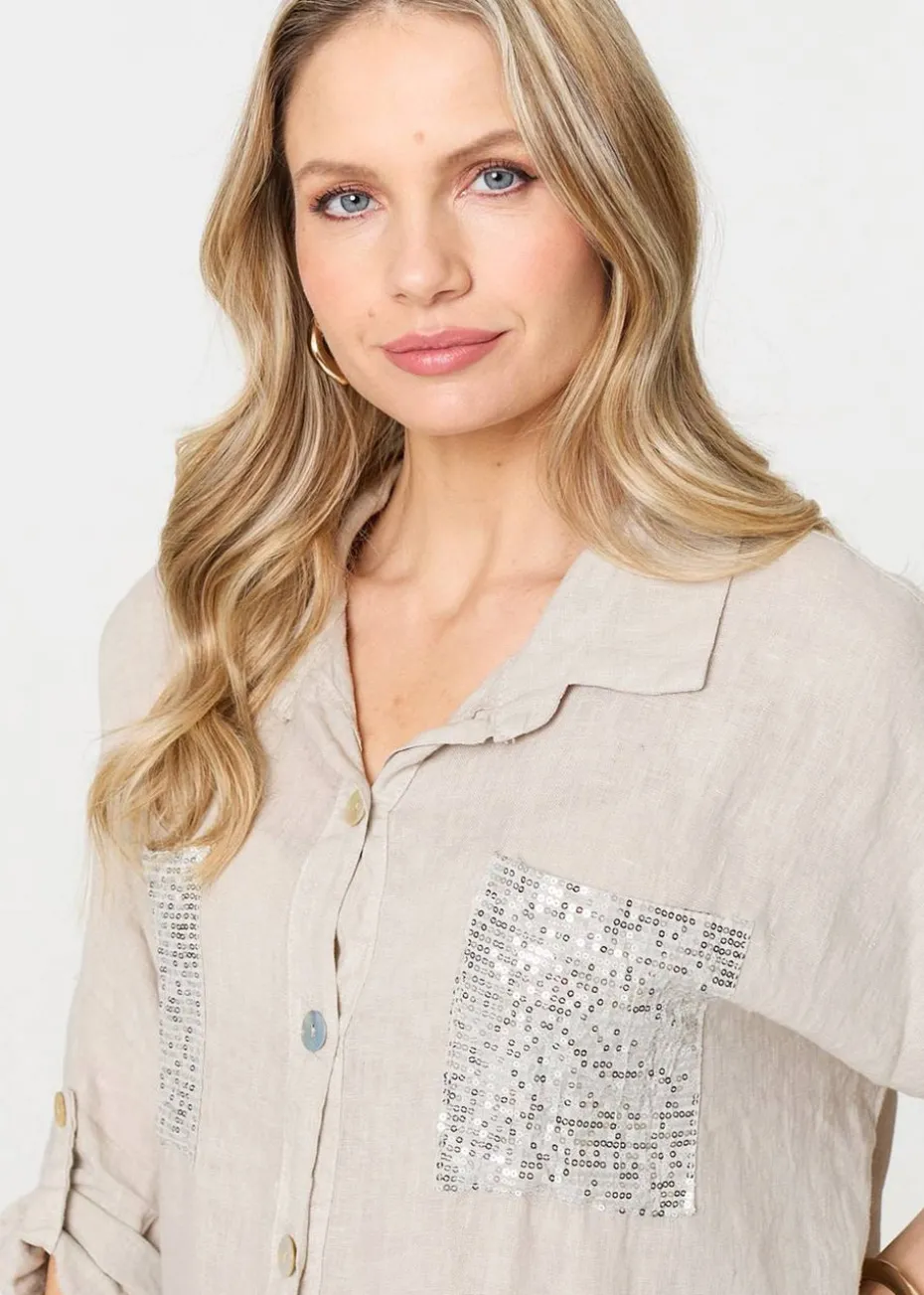 Izabel London Beige Sequin Detail 3/4 Turn-Up Sleeve Shirt