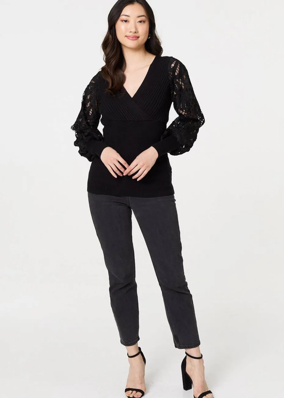 Izabel London Black Floral Lace Puff Sleeve Fitted Knit Top