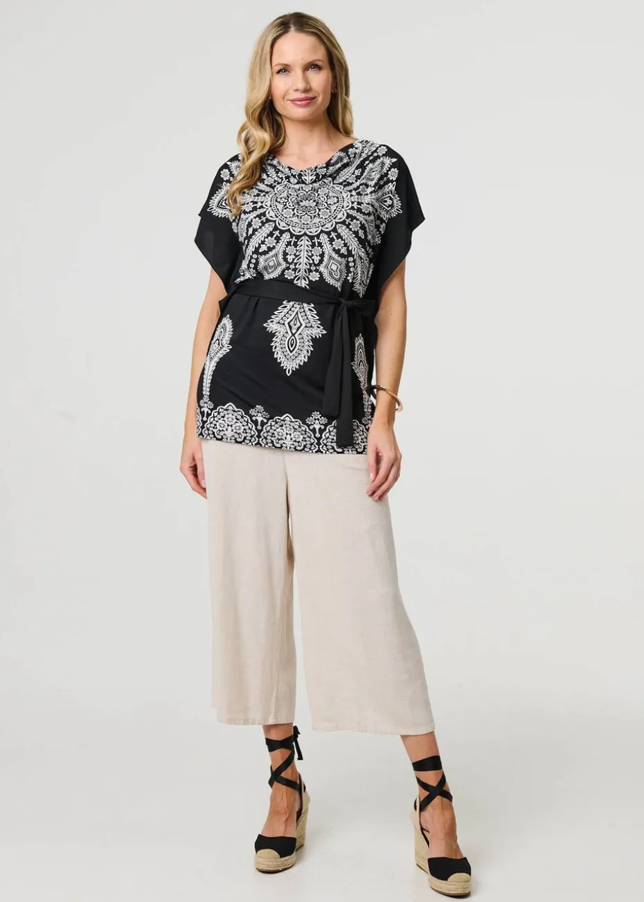 Izabel London Black Paisley Print Tie Waist Kimono Blouse Top