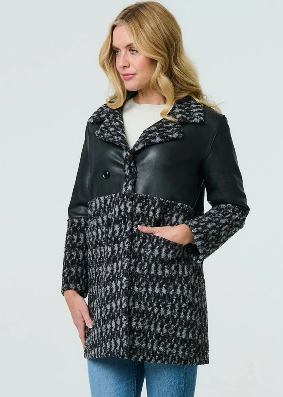 Izabel London Black Printed Faux Leather Trim Teddy Jacket