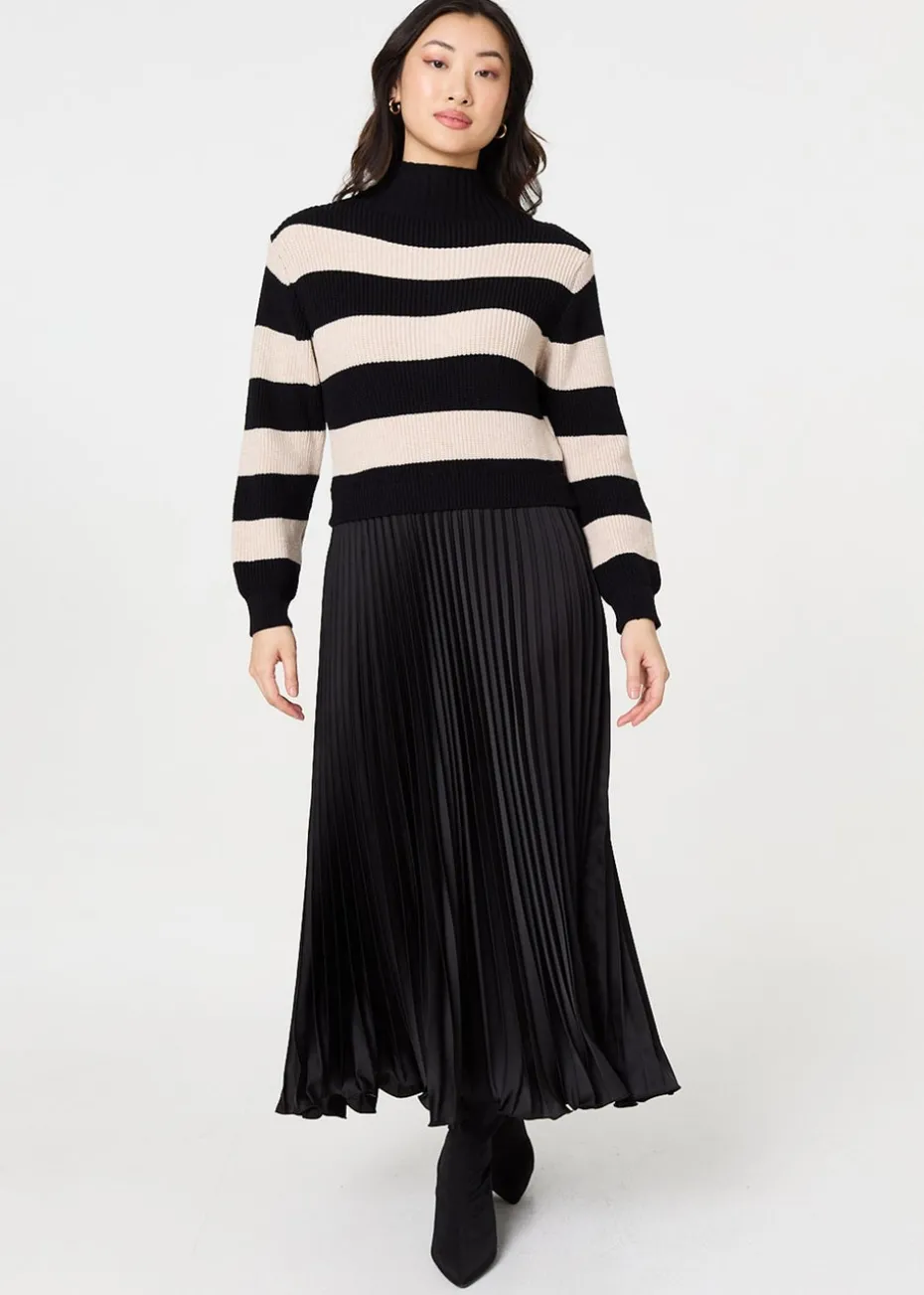 Izabel London Black Striped High Neck Pleat Knit Maxi Dress