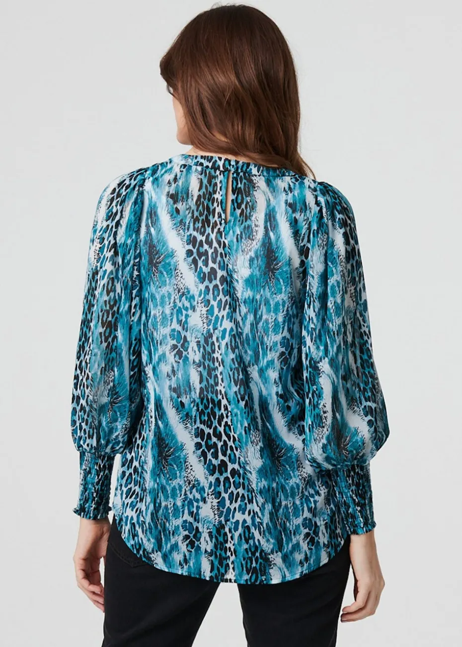 Izabel London Blue Animal Print Semi Sheer Blouse Top