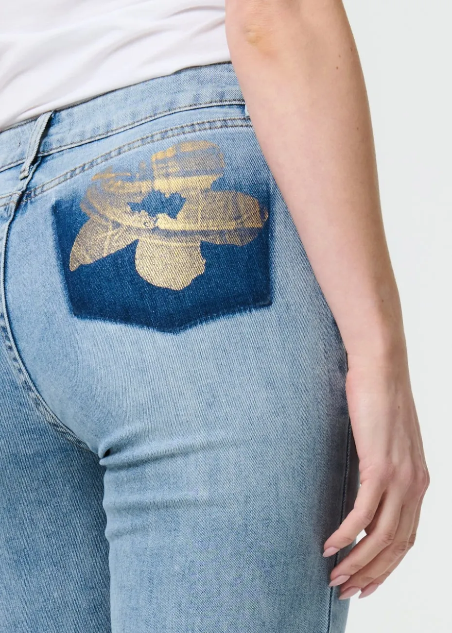 Izabel London Blue Floral Pocket Patch Straight Fit Jeans