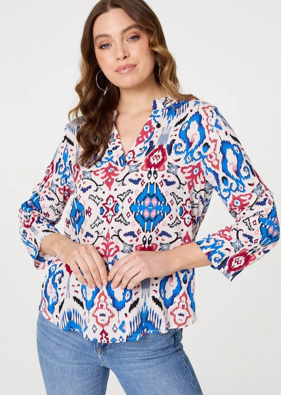 Izabel London Blue Ikat Print V-Neck Blouse