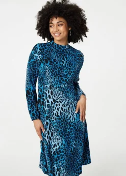 Izabel London Blue Leopard Print Long Sleeve Mini Dress