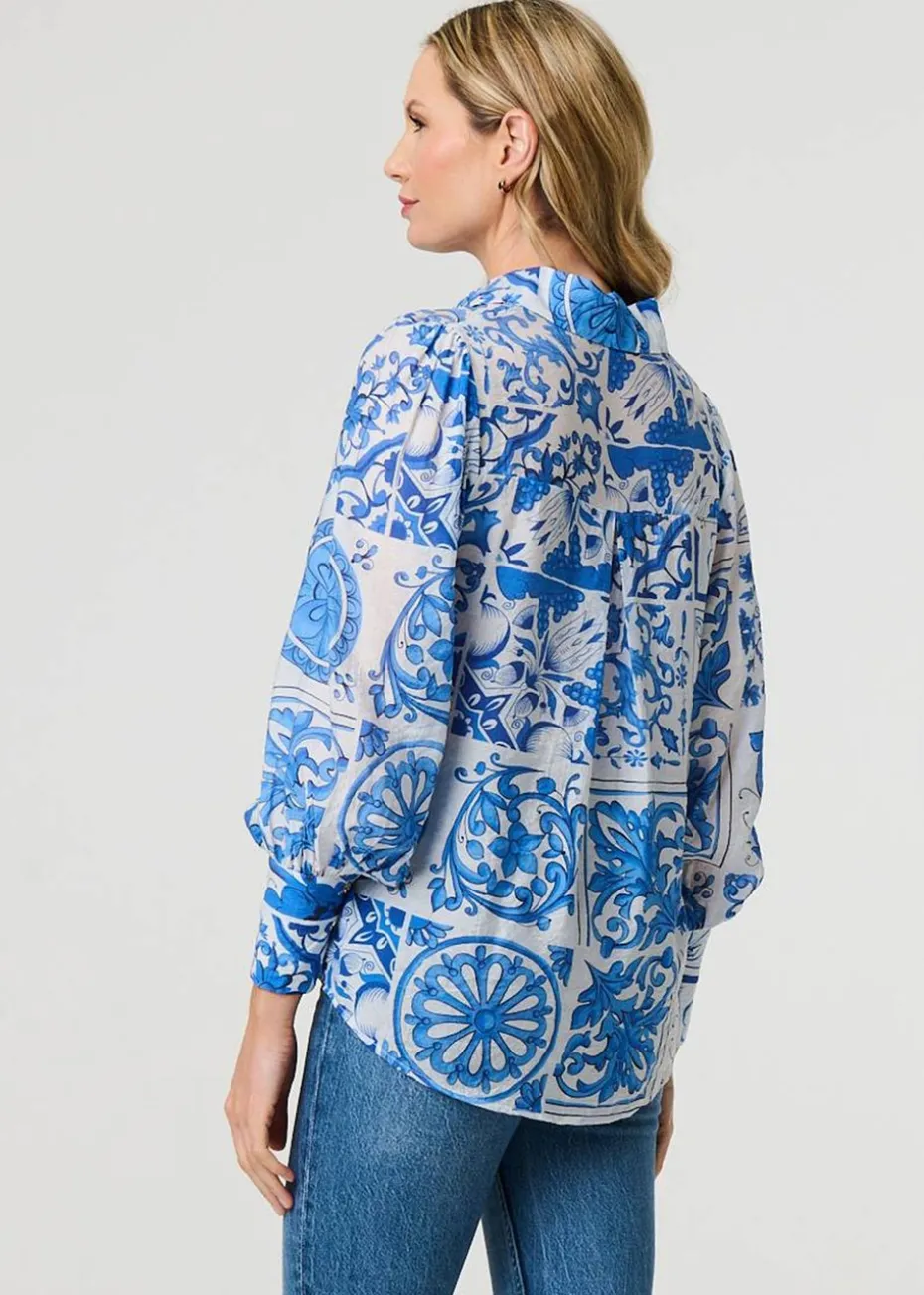 Izabel London Blue Mosaic Print Puff Sleeve Shirt
