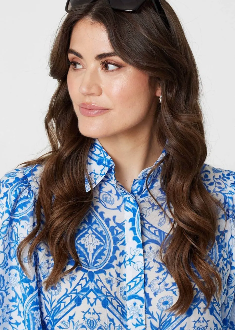 Izabel London Blue Paisley Print Puff 1/2 Sleeve Shirt