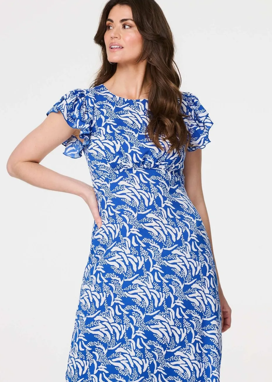 Izabel London Blue Printed Frill Cap Sleeve Midi Dress
