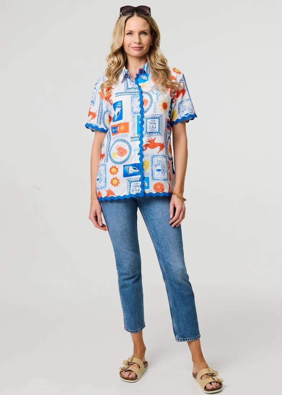 Izabel London Blue Printed Contrast Trim Relaxed Shirt