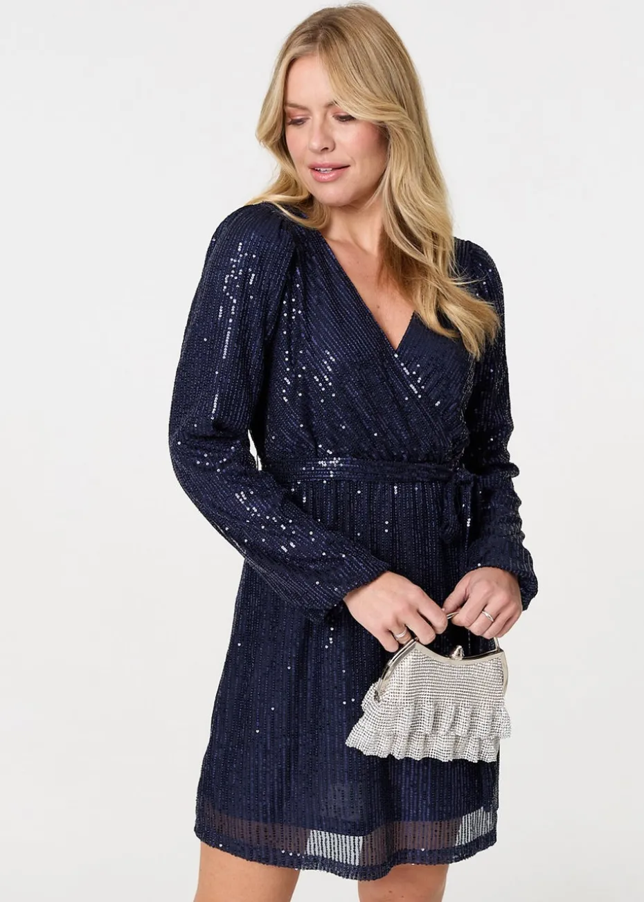 Izabel London Blue Sparkly Sequin Long Sleeve Mini Wrap Dress