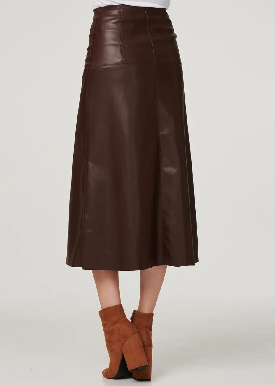 Izabel London Brown Faux Leather High Waist Midi Skirt