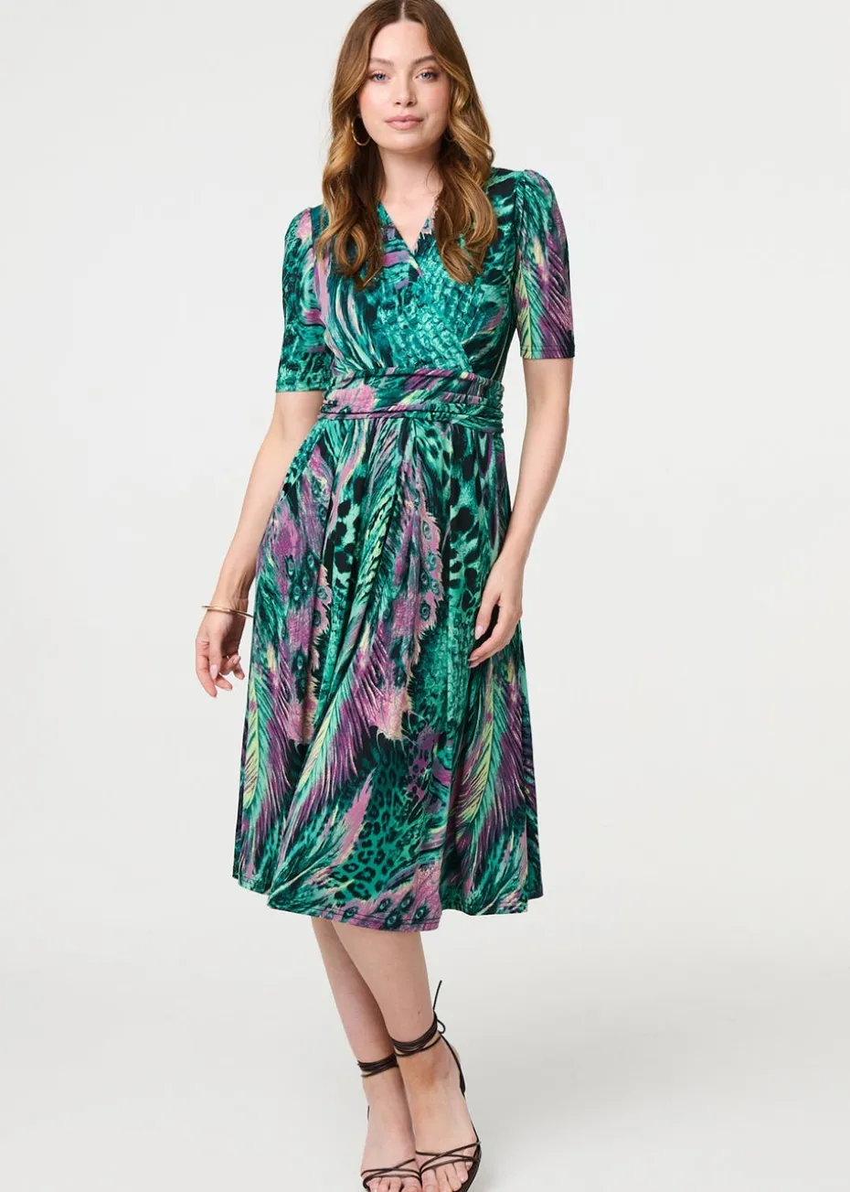 Izabel London Green Feather Print Wrap Midi Dress