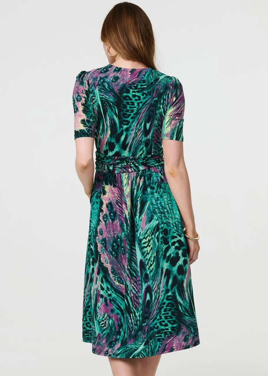 Izabel London Green Feather Print Wrap Midi Dress