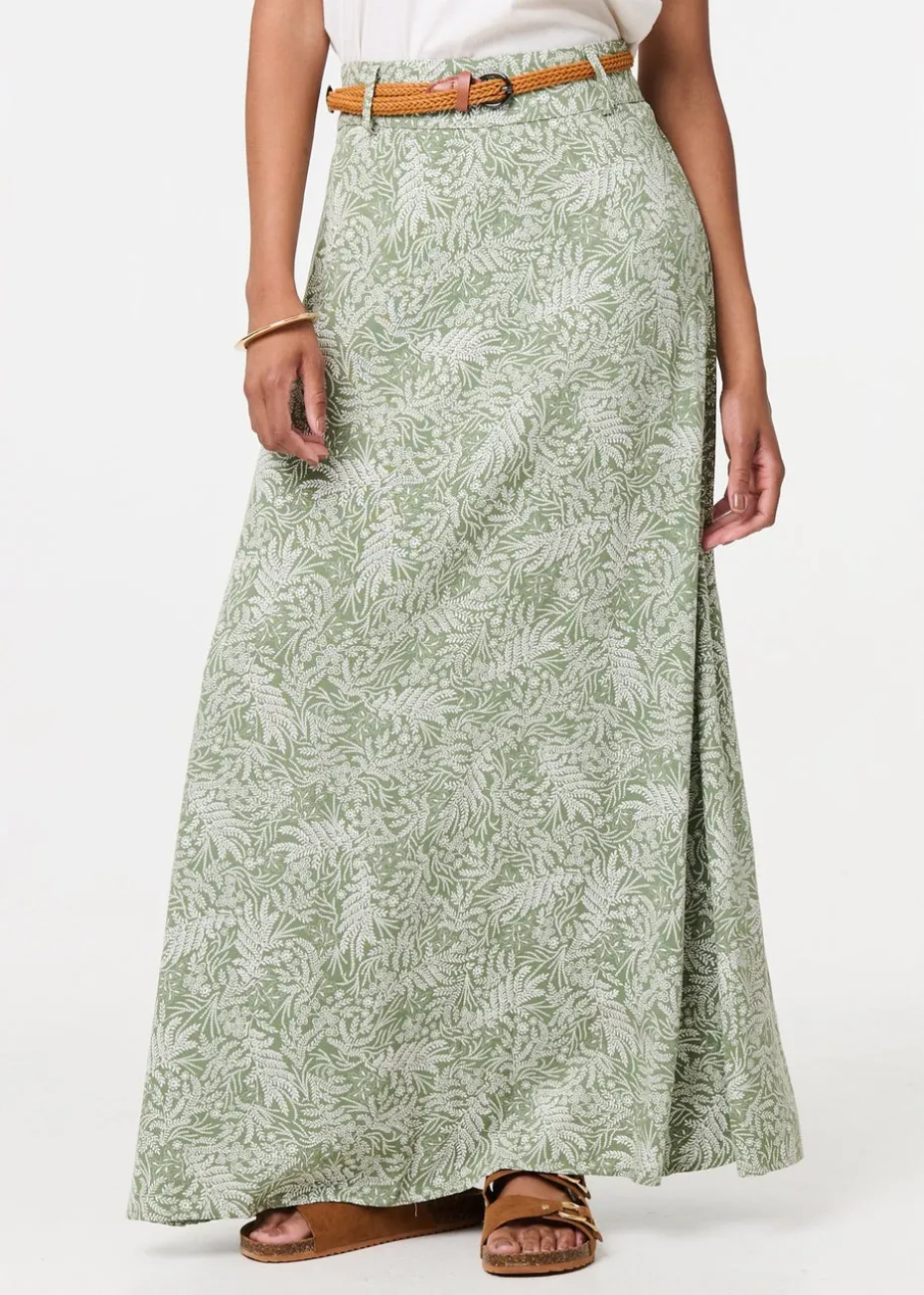 Izabel London Green Leaf Print Belt Detail Maxi Skirt