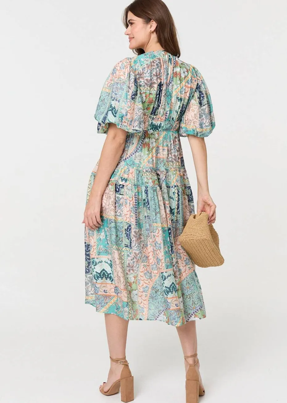 Izabel London Green Patchwork Print Puff Sleeve Midi Dress
