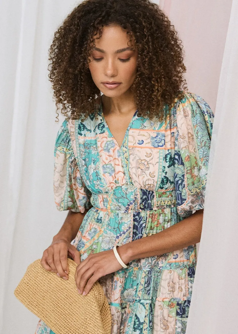 Izabel London Green Patchwork Print Puff Sleeve Midi Dress