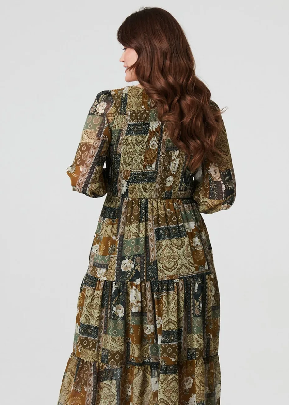 Izabel London Green Patchwork Print Long Sleeve Midi Dress