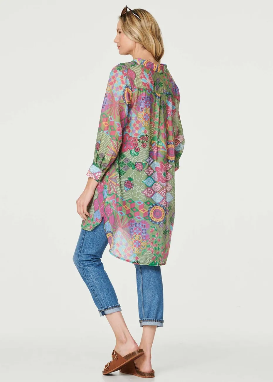 Izabel London Green Printed Semi Sheer Longline Blouse